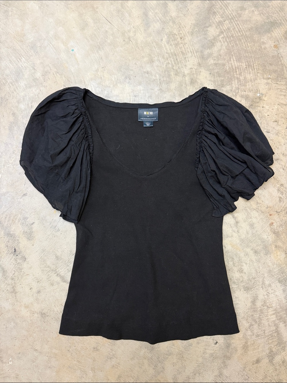 Maeve Anthropologie Black Puff-Sleeve Scoop Neck Top